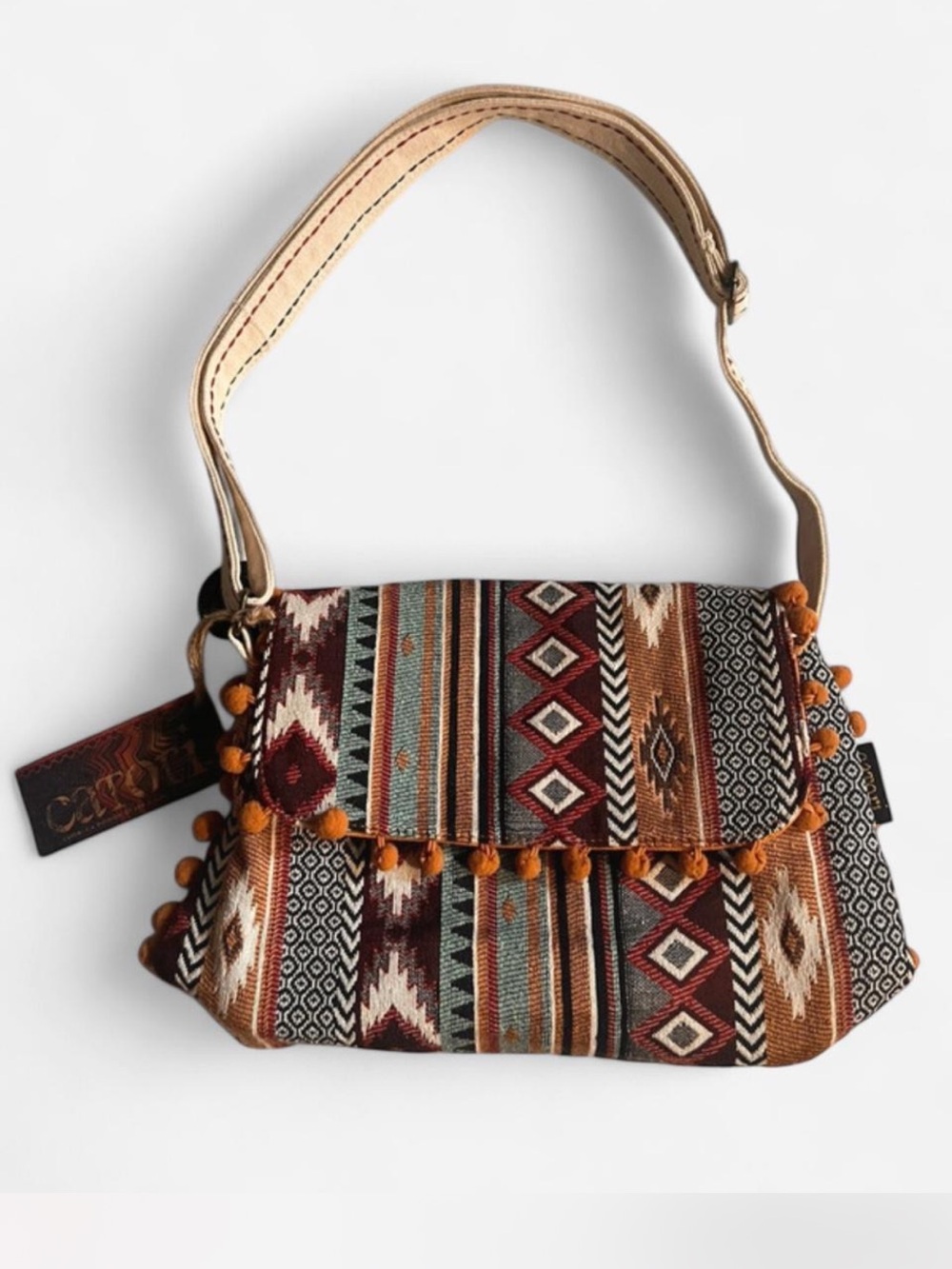 Boho Striped Pom-Trim Shoulder Bag - Multi Brown